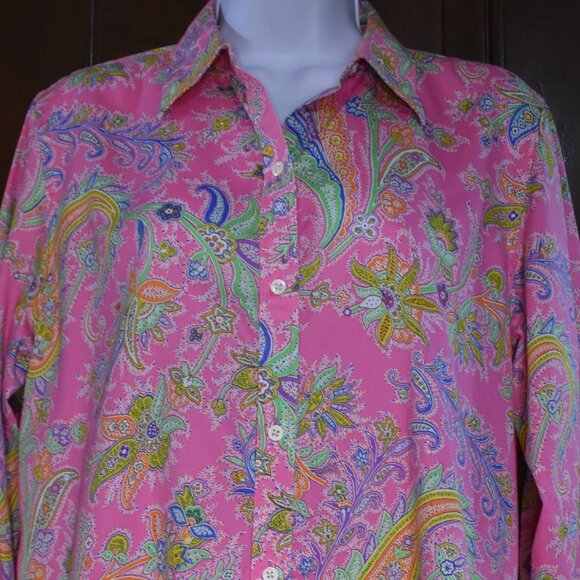 Lauren Ralph Lauren Blouse L Neon Pink Paisley Cotton Button Up Resort Chic - Picture 12 of 15